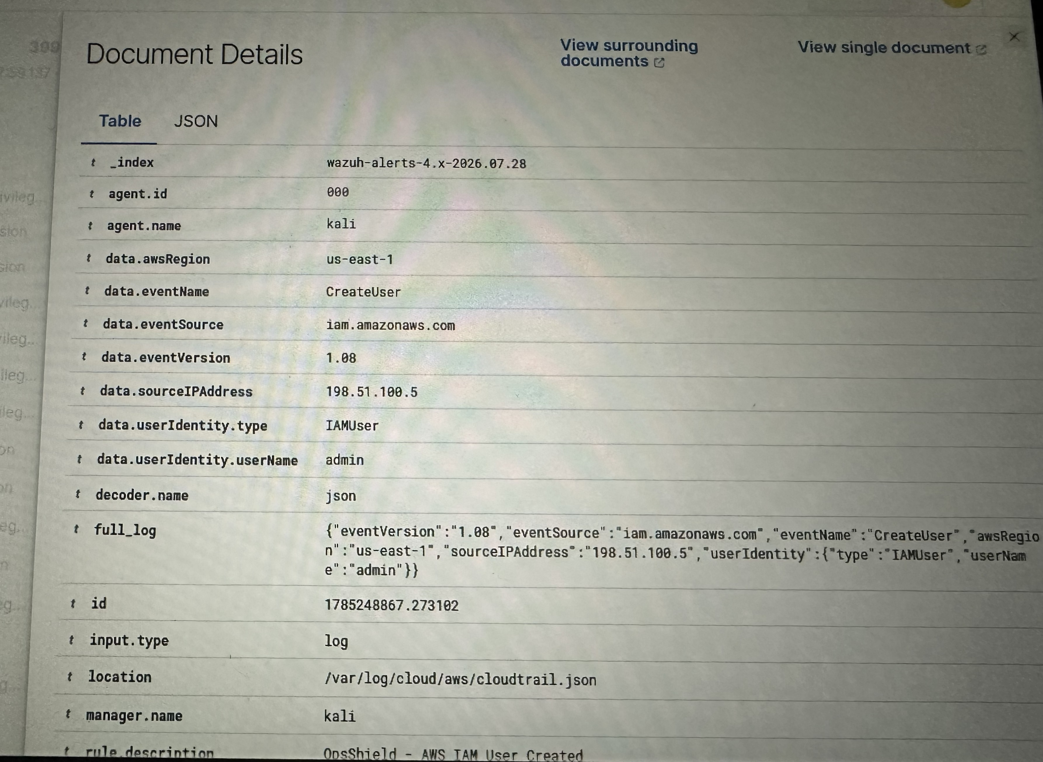 OpsShield Wazuh dashboard event log showing security monitoring activity